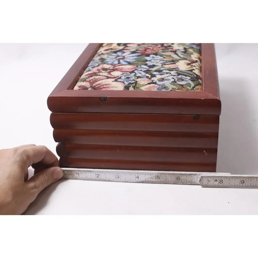 1990s Floral Vintage Wooden Jewelry Box with Drawer and Hangers and Tapestry To